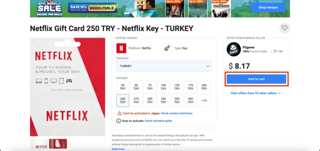 G2Aでトルコ版Netflixのギフトカードの購入方法06