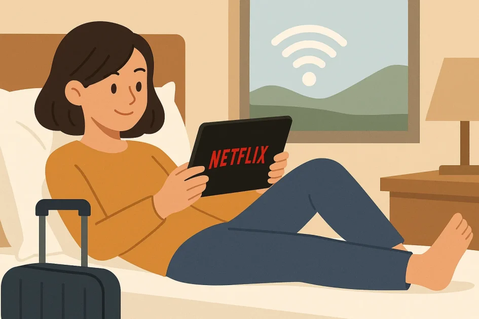 旅先でNetflixを楽しむ女性
